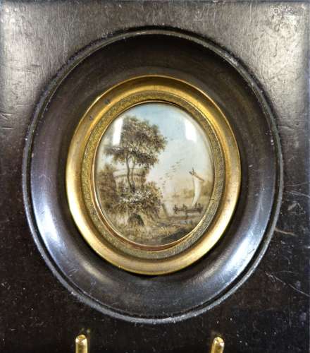 Miniature ovale d'époque début XIX's à décor d'un voilier de...