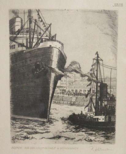 H. Fehrmann "SS Bremen an der Columbuskaje" orig. ...