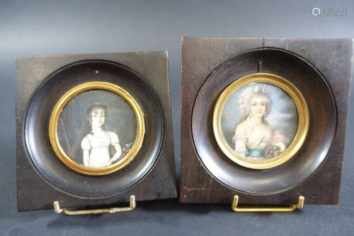 Deux miniatures du XIX's : Portrait de dame de qualité aux c...