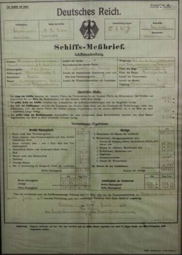 Schiffs-Meßbrief von 1935, Geestemünde, Deutsches Reich, ger...