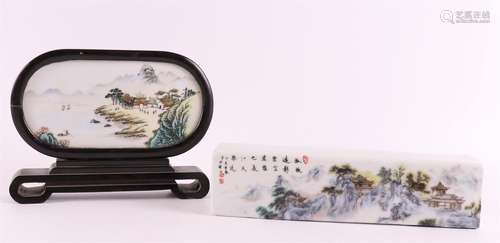 A polychrome porcelain and blackwood table screen, China, 20...