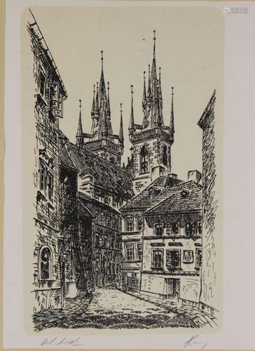 unleserl. signierte Litho, Stadtansicht, ger./Glas