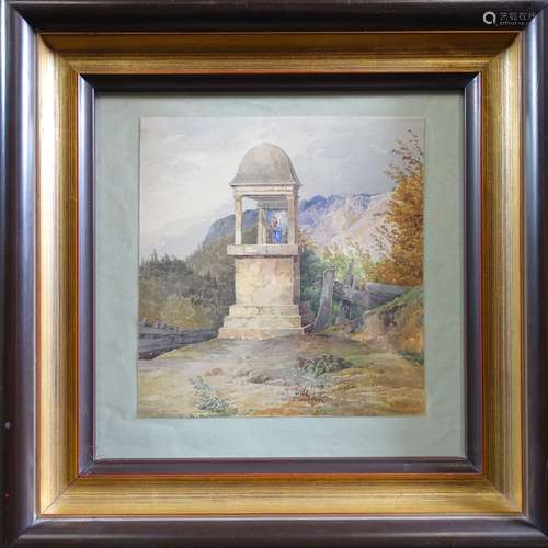 Ecole autrichienne du XIX's : Oratoire en montagne. Aquarell...