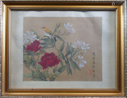 CHINE : Oiseau sur une branche fleurie. Peinture sur tissu, ...