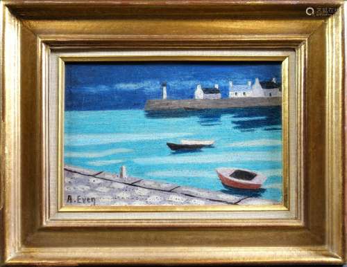 EVEN André (1918-1996) : Port breton. Huile sur papier marou...