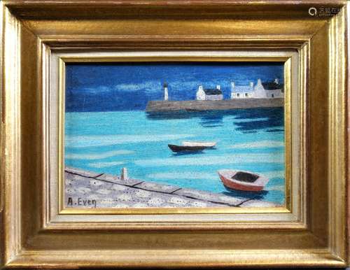 EVEN André (1918-1996) : Port breton. Huile sur papier marou...