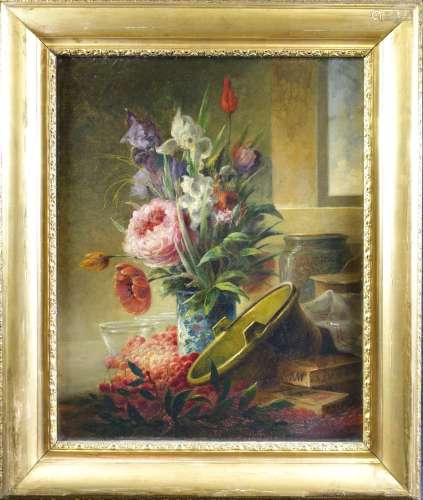 Ecole française fin XIX's : Nature morte au vase de fleurs e...