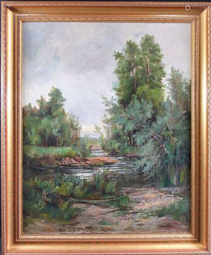 Ecole moderne : Paysage à la rivière. H. s. T. 81 x 65