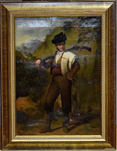 École du XIXe siècle. Portrait de chasseur en costume italie...