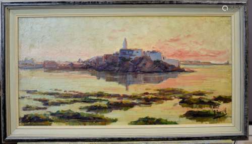 Édouard HERZIG (1860-1926). Coucher de soleil à Rabat. Huile...