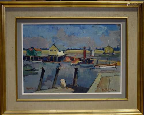 École du XXe siècle. Port de pêche et cabanes. Huile sur iso...