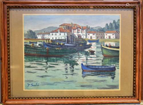 Paule SOULE (XXe siècle). Port en Pays Basque. Aquarelle à r...