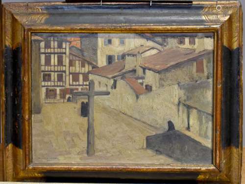 William LAPARRA (1873 - 1920). Place du Pays basque. Huile s...