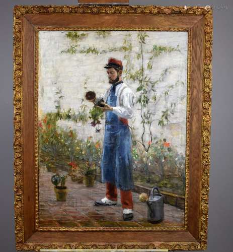 École du XIXe siècle. Portrait en pied d'un militaire jardin...