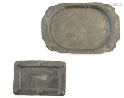 Two Arts & Crafts pewter trays with hammered and embosse...