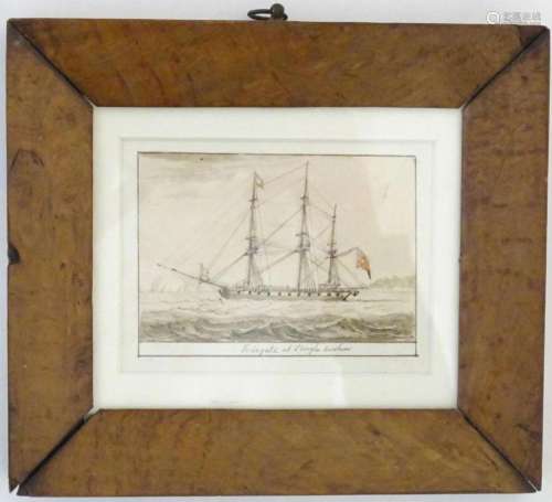 19th century, Marine School, Ink and wash, Frigate at Single...