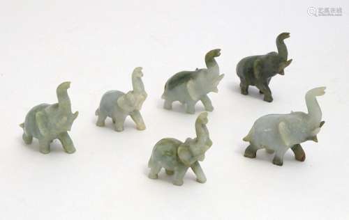 Six Oriental carved hardstone models of elephants, possibly ...