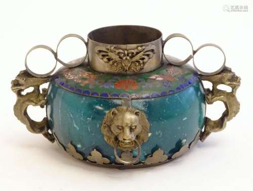 An Oriental censer pot with hardstone body, enamel detail, t...