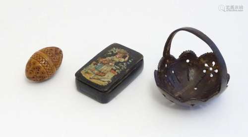 Three assorted items comprising a coconut shell basket with ...