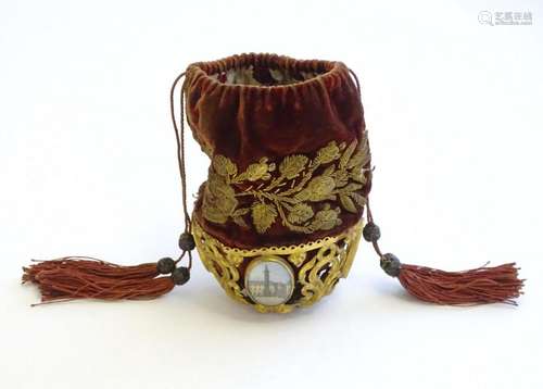 A 19thC velvet drawstring purse / pouch with gilt thread det...