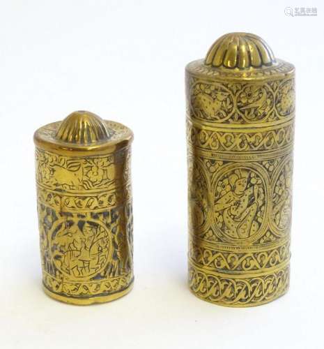 Two Persian brass containers with engraved banded decoration...