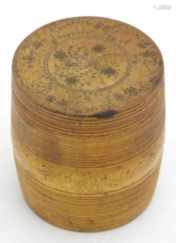 A 19thC boxwood treen container of barrel form with screw to...