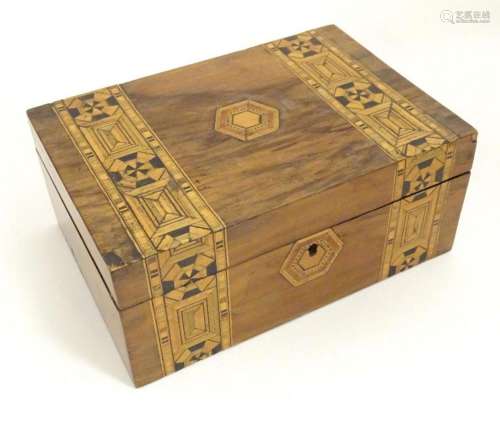 A Victorian walnut work box with geometric marquetry / parqu...