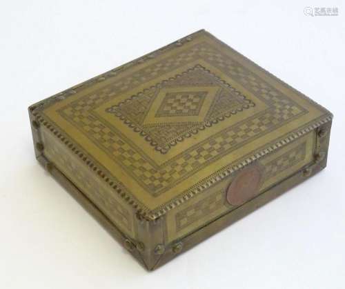 An Arts & Crafts brass box of rectangular form with engr...
