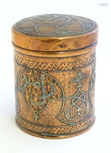 A Persian copper lidded pot of cylindrical form with engrave...
