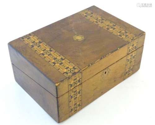 A 19thC walnut writing box with geometric marquetry / parque...