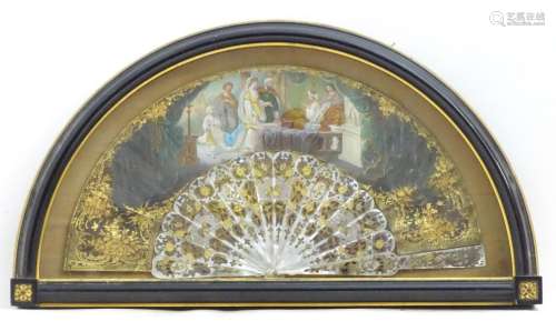 A 19thC Continental fan with 16 mother of pearl sticks and h...
