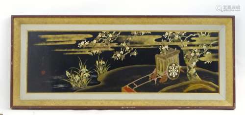 A Japanese lacquered panel depicting a car beside a river wi...