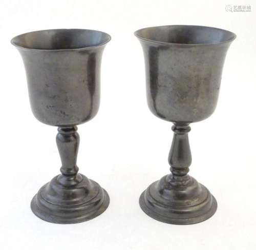 A matched pair of 19thC pewter pedestal cups / goblets. Larg...