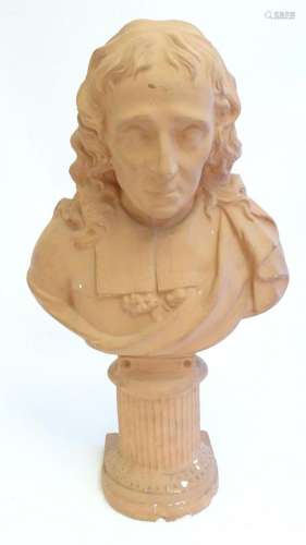 A 20thC plaster bust of a scholar on a column base, possibly...
