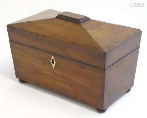 A 19thC mahogany wo sectional tea caddy of sarcophagus form ...