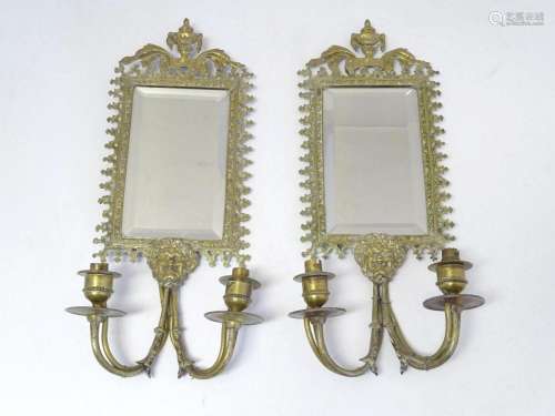 A pair of Victorian twin branch brass girandole with mirrors...