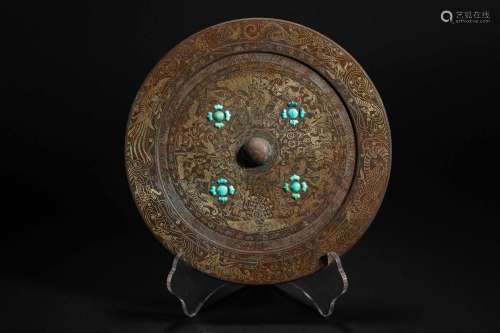 Han Dynasty Bronze Mirror Inlaid with Gold, Silver and Turqu...