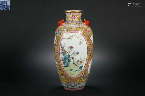 Qing dynasty famille rose flower vase with window