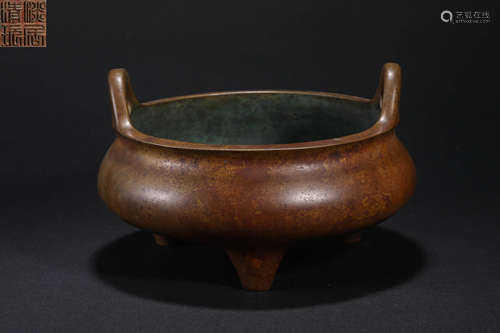 Ming Dynasty Bronze Double-ear Three-legged Stove