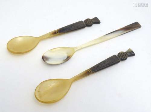 Three late 19thC Scottish horn spoons, two with carved thist...