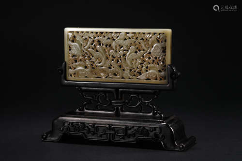 Qing Dynasty Hetian jade bird inscription plaque