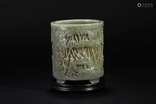 Qing Dynasty Hetian Jade Figure Pen Holder