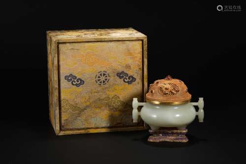 Qing Dynasty Hetian Jade Gold Incense Burner