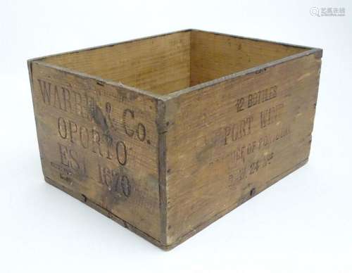 A 20thC wooden port wine box, marked Produce of Portugal 194...