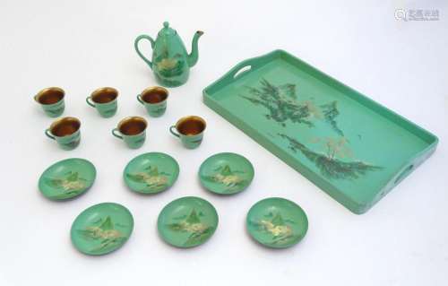 Toys: A Japanese green lacquer coffee wares comprising coffe...