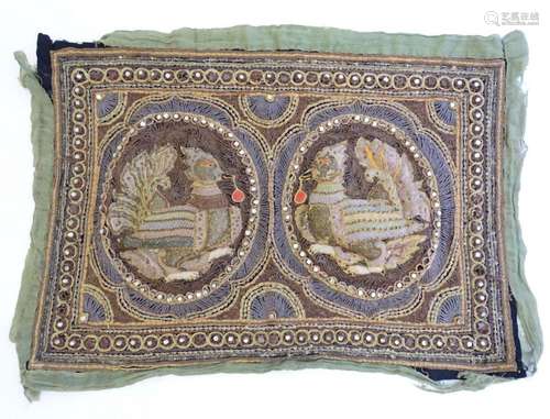 A Burmese embroidered tapestry / textile panel with beadwork...