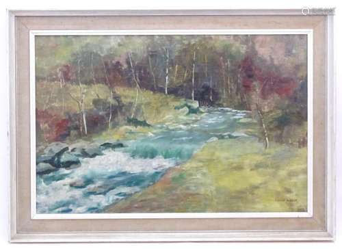 Susan Bishop, 20th century, Oil on canvas, A wooded river la...