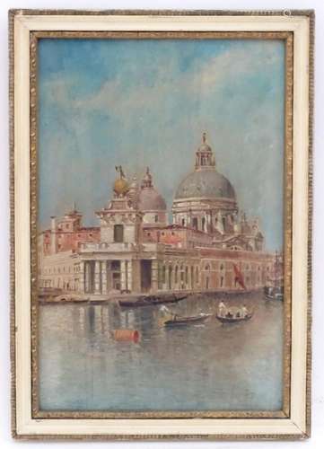 G. J., Early 20th century, Oil on board, Gondolas passing Sa...