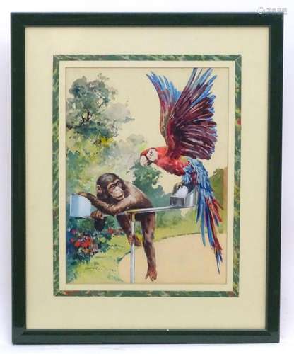 20th century, Watercolour and ink, A chimp climbing a bird p...