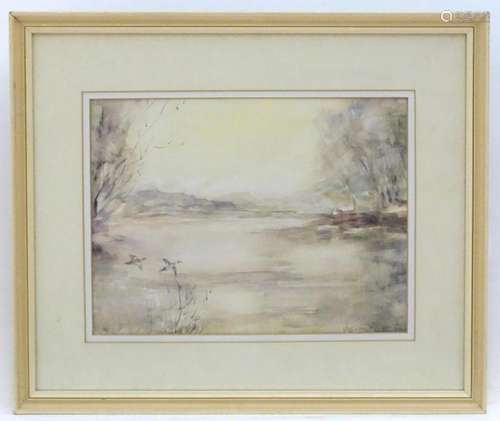 Virginia Duveen, 20th century, Watercolour, Ducks flying acr...